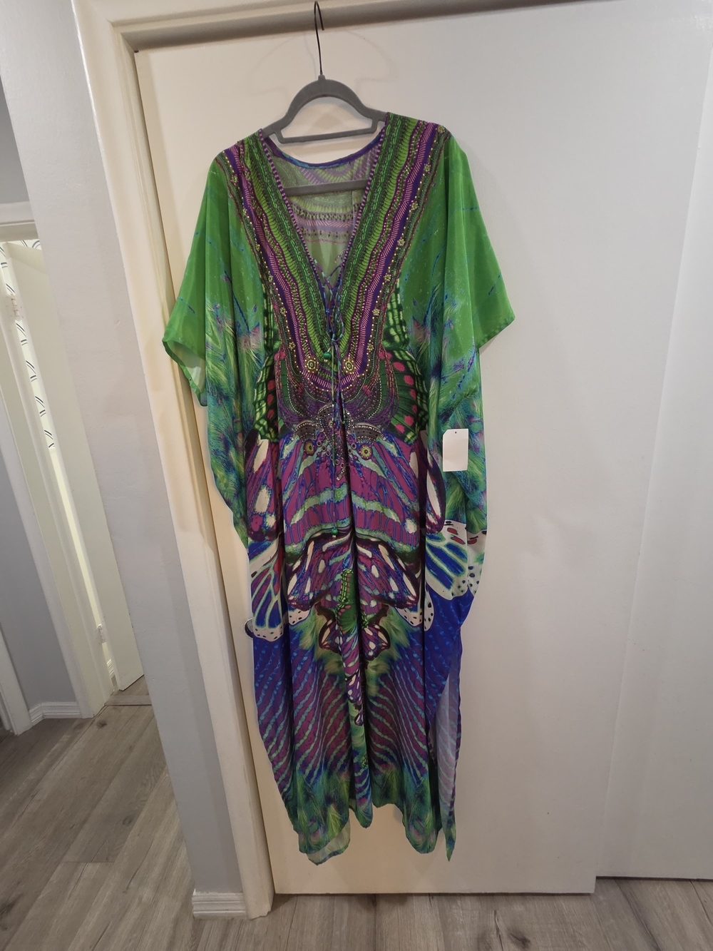 Green & Purple Butterfly-Print Maxi Kaftan Dress